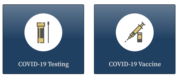 COVID 19 Get Tested Get Vaxxed Two blue and white buttons with a clock on each of them.