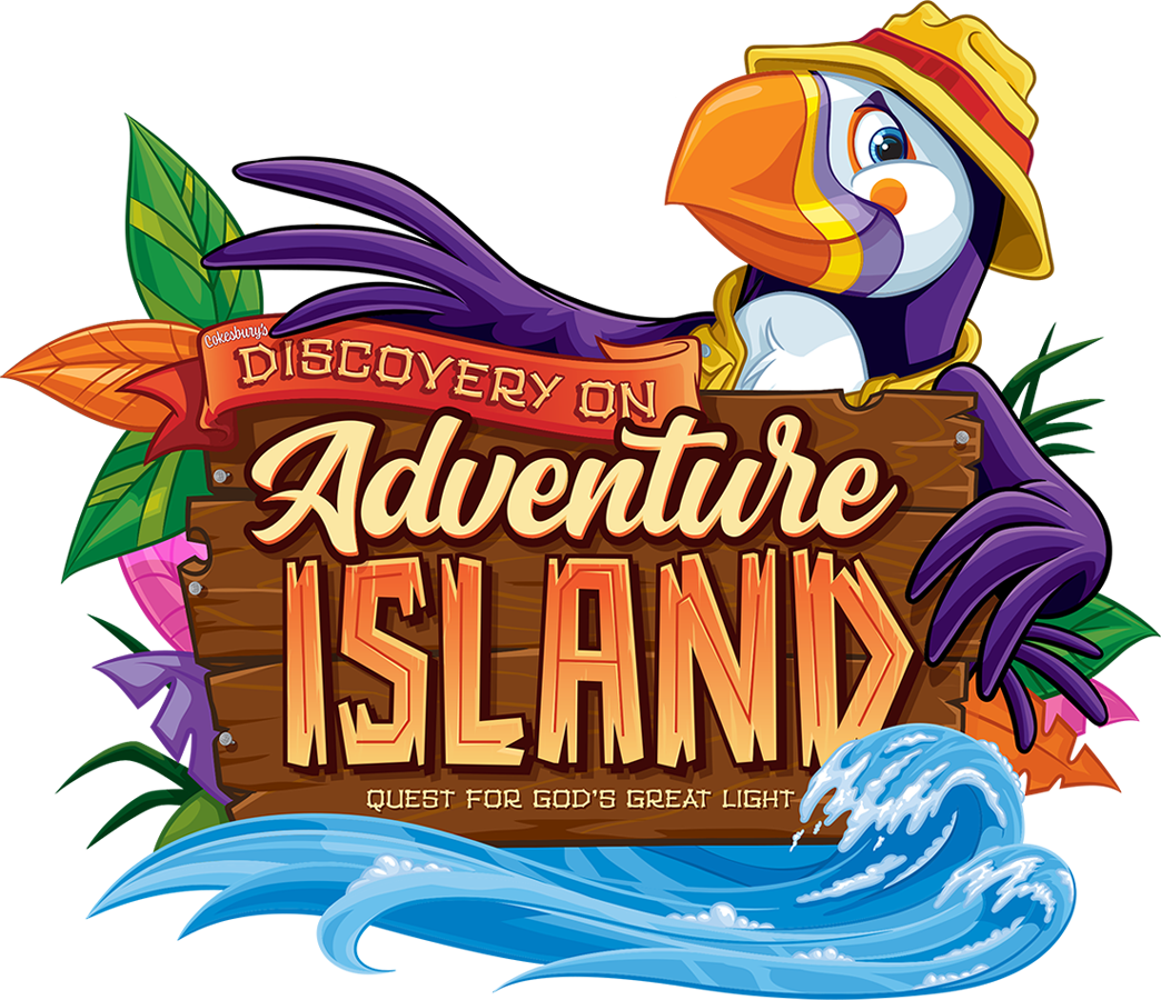 A colorful bird with a hat and a sign that says " discovery on adventure island ".