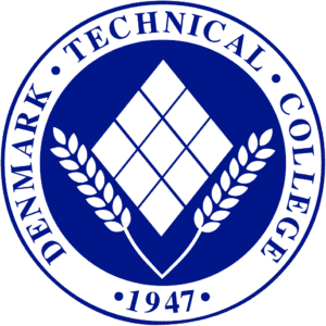 A blue and white seal with the words denmark technical college 1 9 4 7