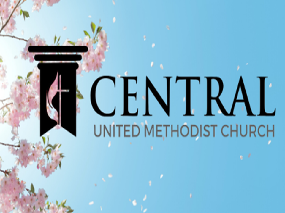 A blue sky with pink flowers and the word central united methodist church.