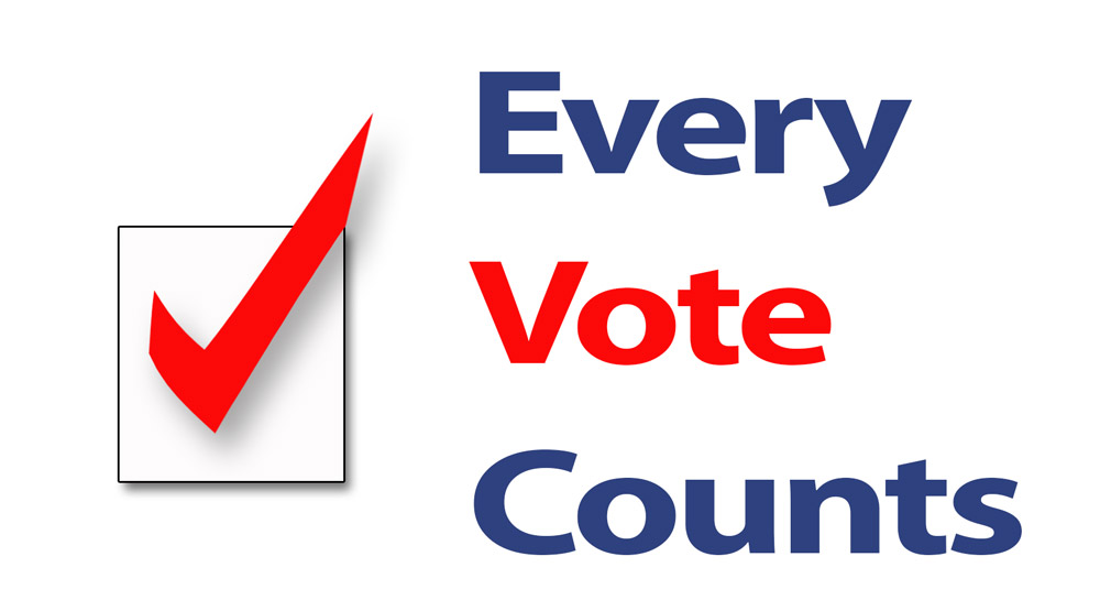 A red and white check mark sitting next to the words " every vote counts ".