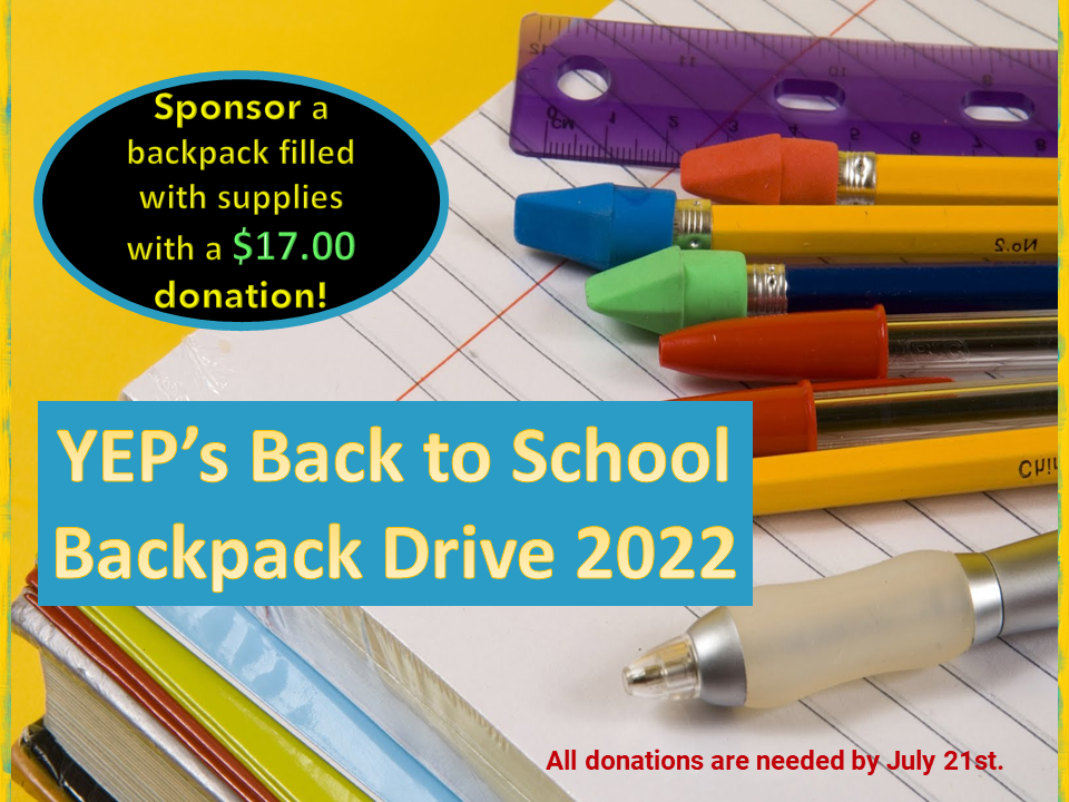 A poster advertising the back to school backpack drive.