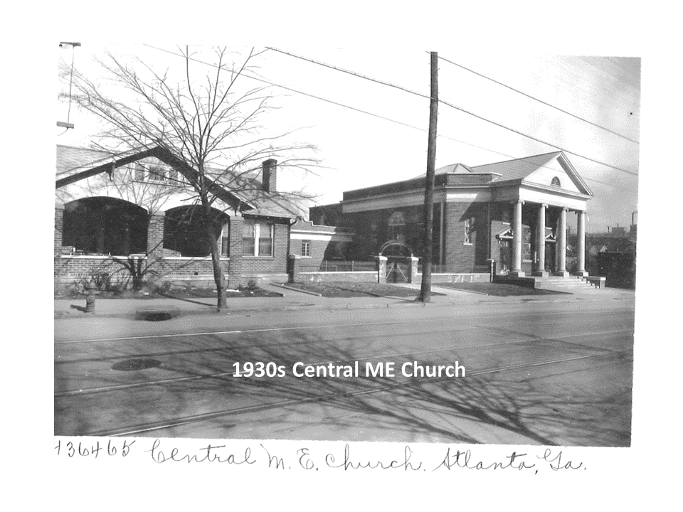 A black and white photo of the 1 9 3 0 's central me church.