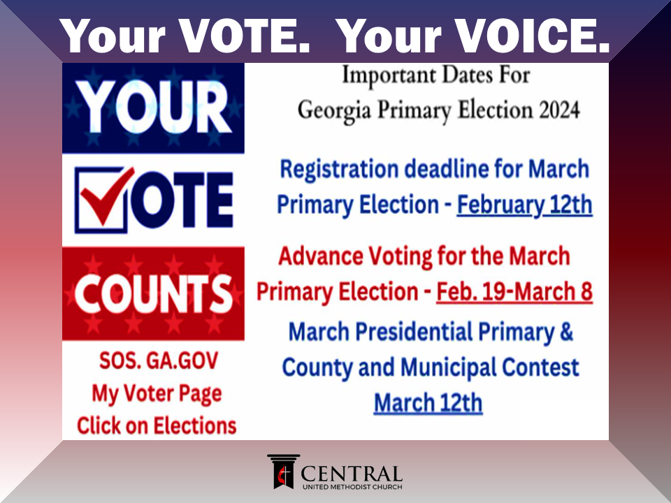 CUMC Your Vote Your Voice Slider A poster with information about the georgia primary election.
