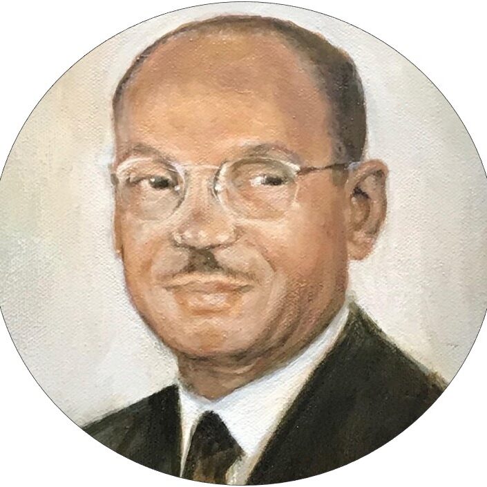 A painting of an older man wearing glasses.