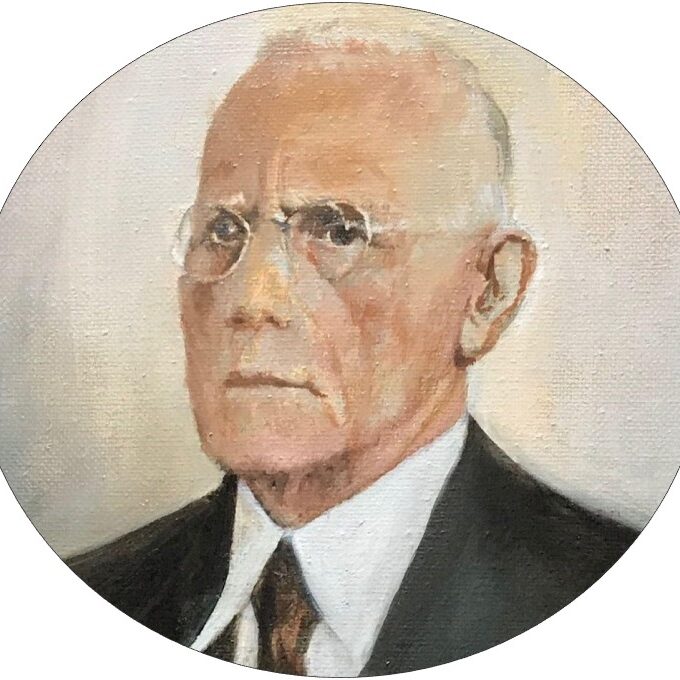 A painting of an older man in a suit.