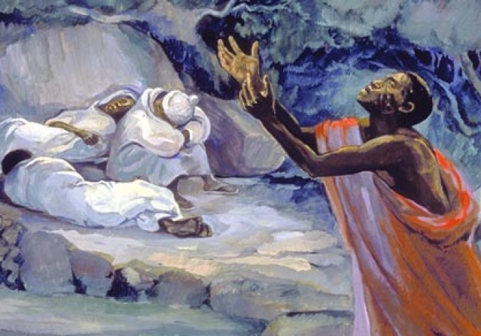 A painting of two men in the desert