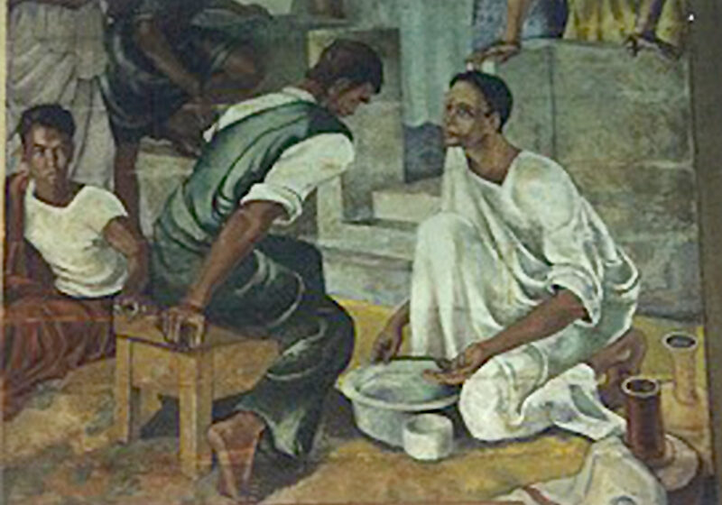 A painting of two men working in a pottery workshop.