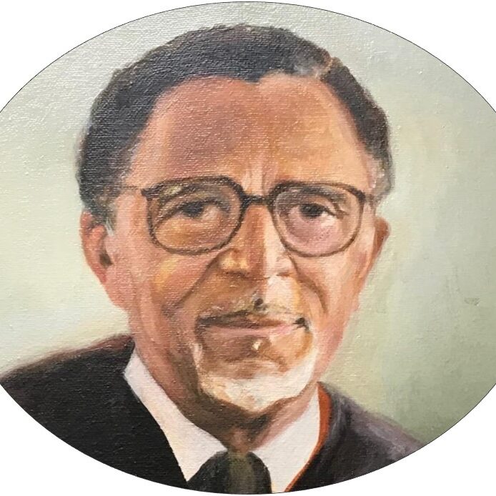 A painting of an older man wearing glasses.