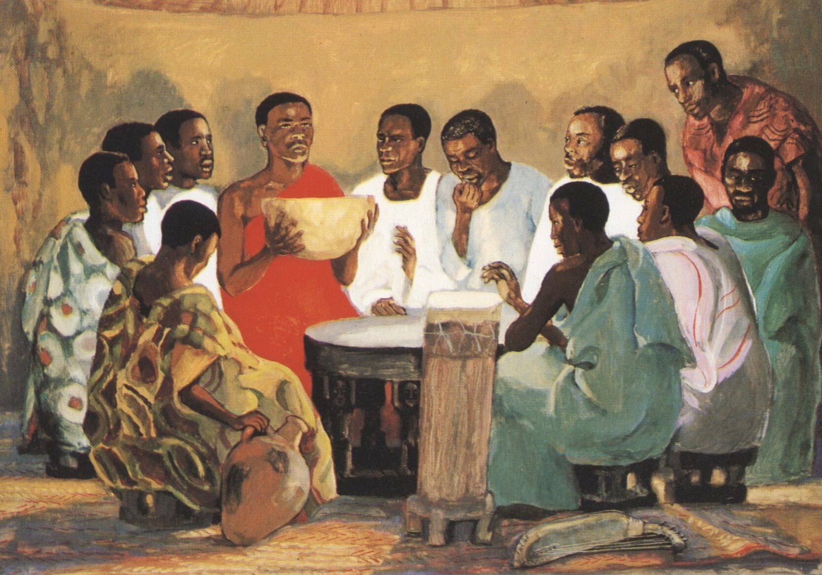 A painting of people gathered around a table.
