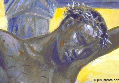 A painting of jesus with his head in the crown of thorns.